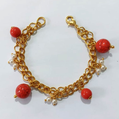 PULSEIRA FOLHEADA A OURO - BANHADA COM 5 MILÉSIMOS + VERNIZ DIAMOND - PULSEIRA DUPLA 17CM COM PÉROLAS - OURO1417