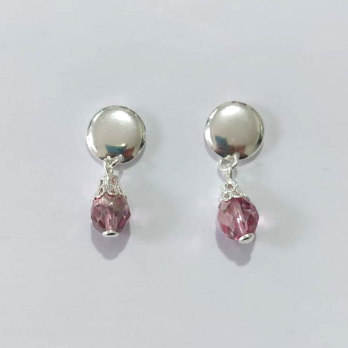 BRINCO FOLHEADO A PRATA COM 50 MILÉSIMOS + VERNIZ DIAMOND - BRINCO DE PINO BASE REDONDA PEDRA ACRÍLICA ROSA 8MM - PRA1056