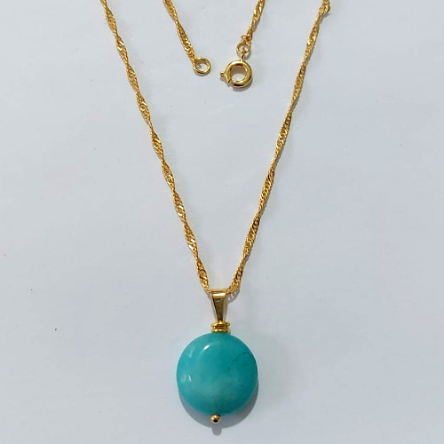 GARGANTILHA FOLHEADA A OURO - BANHADA COM 5 MILÉSIMOS + VERNIZ DIAMOND - GARGANTILHA COM CORRENTE SINGAPURA 45CM E PINGENTE EM PEDRA NATURAL 16MM - OURO1449
