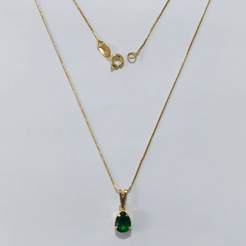 GARGANTILHA FOLHEADA A OURO - BANHADA COM 5 MILÉSIMOS + VERNIZ DIAMOND - GARGANTILHA COM CORRENTE 45CM E PINGENTE EM ZIRCÔNIA VERDE GOTA 7MM - OURO1450