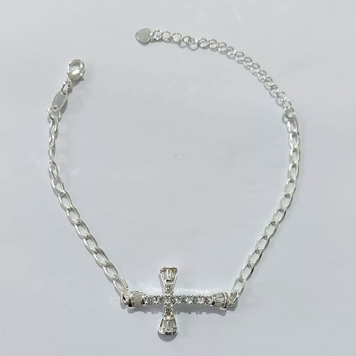 PULSEIRA FOLHEADA A PRATA COM 50 MILÉSIMOS + VERNIZ DIAMOND - PULSEIRA COM CRUCIFIXO CRAVEJADO - TAM: 18CM + EXTENSOR - PRA1090