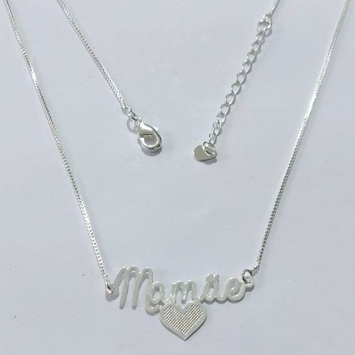 GARGANTILHA FOLHEADA A PRATA COM 50 MILÉSIMOS + VERNIZ DIAMOND - GARGANTILHA COM PINGENTE MAMÃE - PRA1098