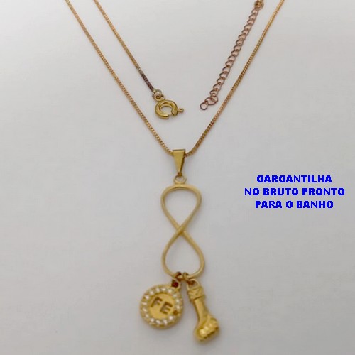 GARGANTILHA NO BRUTO PRONTO PARA O BANHO(CX185)COM CORRENTE VENEZIANA DE 45CM+EXTENSOR / PINGENTE FÉ CRAVEJADO R UMA FIGA / PESO TOTAL 3,9GR / BRU25874