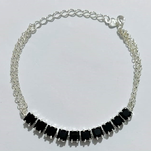 PULSEIRA FOLHEADA A PRATA COM 50 MILÉSIMOS + VERNIZ DIAMOND - PULSEIRA DUPLA 17CM + EXTENSOR COM ZIRCÔNIAS NEGRAS - PRA1107