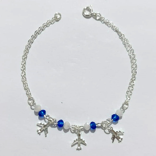 PULSEIRA FOLHEADA A PRATA COM 50 MILÉSIMOS + VERNIZ DIAMOND - PULSEIRA 18CM COM MIÇANGAS E AVIÕES - PRA1109