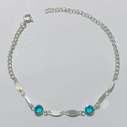 PULSEIRA FOLHEADA A PRATA COM 50 MILÉSIMOS + VERNIZ DIAMOND - PULSEIRA 18CM + EXTENSOR COM CRISTAIS ACRÍLICOS AZUIS - PRA1117