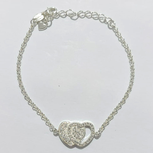 PULSEIRA FOLHEADA A PRATA COM 50 MILÉSIMOS + VERNIZ DIAMOND - PULSEIRA 17CM + EXTENSOR CORAÇÃO CRAVEJADO EM MICROS ZIRCÔNIAS - PRA1121