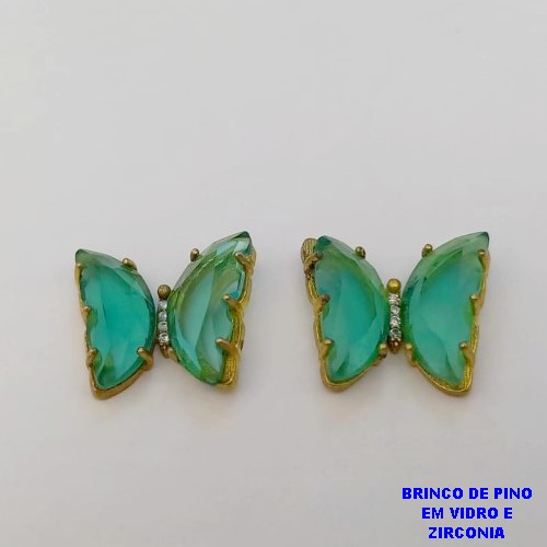 BRINCO NO BRUTO PRONTO PARA O BANHO(CX39)- BRINCO DE BORBOLETA DE VIDRO E ZIRCONIA /BRINCO DE PINO TAMAMANHO 18MM / PESO TOTAL 5,9GR - BRU25888