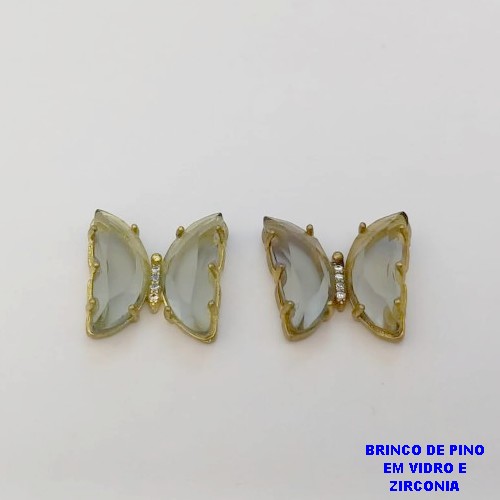 BRINCO NO BRUTO PRONTO PARA O BANHO(CX39)- BRINCO DE BORBOLETA DE VIDRO E ZIRCONIA /BRINCO DE PINO TAMAMANHO 18MM / PESO TOTAL 5,9GR - BRU25891