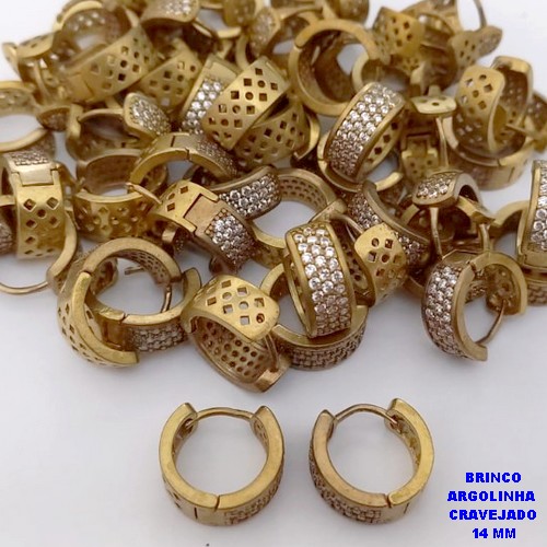 BRINCO NO BRUTO PRONTO PARA O BANHO(CX186) - BASE ARGOLINHA DE PRESSÃO (TRANQUETA)COM 3(TREIS) FILEIRA DE ZIRCONIAS 14MM(PESO 4.1GR) - BRU25952