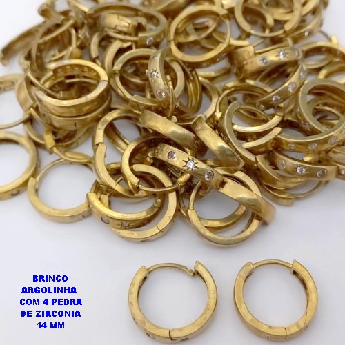 BRINCO NO BRUTO PRONTO PARA O BANHO(CX186) - BASE ARGOLINHA DE PRESSÃO (TRANQUETA)COM 4(TREIS) PEDRA DE ZIRCONIAS 14MM(PESO 2GR) - BRU25954
