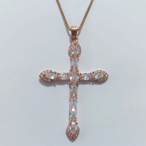 GARGANTILHA NO BRUTO PRONTA PARA O BANHO(CX122) - GARGANTILHA 45CM COM PINGENTE CRUCIFIXO CRAVEJADO EM ZIRCÔNIAS 40MM - PESO 5,2GR - BRU27064