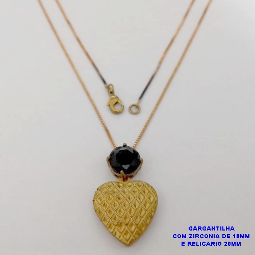 GARGANTILHA NO BRUTO PRONTO PARA O BANHO(CX187) COM CORRENTE VENEZIANA DE 45CM COM UMA PEDRA DE ZIRCONIA DE 10MM E UM RELICARIO DE 2CM( PESO 5.7GR -BRU25995