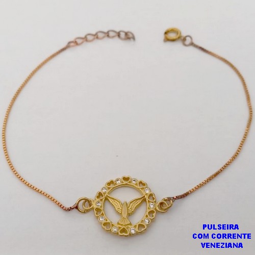 PULSEIRA NO BRUTO PRONTO PARA O BANHO (CX189) -PULSEIRA COM CORRENTE VENEZIANA E MEDALHA DO ESPIRITO SANTO CRAVEJADA TAMANHO 18CM / PESO TOTAL 2.2GR - BRU26054