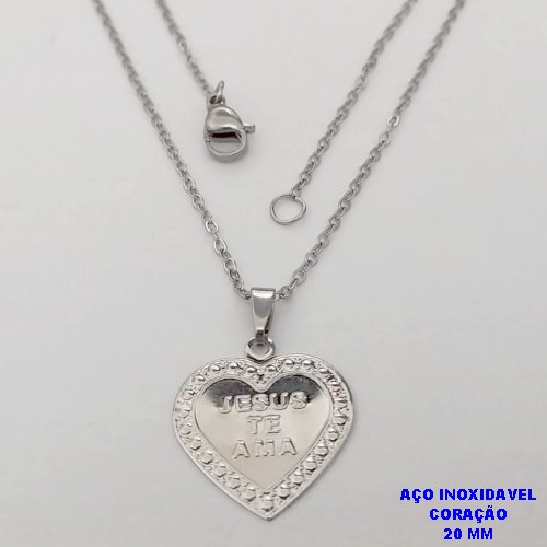 CORRENTE EM AÇO INOXIDAVEL(AÇO34)(CX189) DE 50CM COM FECHO LAGOSTA (LARGURA 1,5MM) PINGENTE DE CORAÇÃO DE 20MM(JESUS TE AMA) AÇO25065