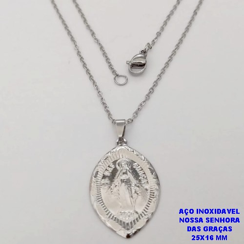 CORRENTE EM AÇO INOXIDAVEL(AÇO34)(CX189) DE 50CM COM FECHO LAGOSTA (LARGURA 1,5MM) PINGENTE DE 25X16MM(NOSSA SENHORA DAS GRAÇAS) AÇO25066