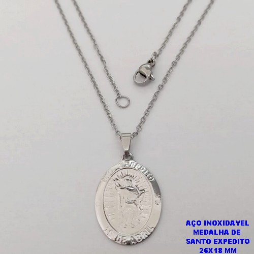CORRENTE EM AÇO INOXIDAVEL(AÇO34)(CX189) DE 50CM COM FECHO LAGOSTA (LARGURA 1,5MM) PINGENTE DE 26X18MM(SANTO EXPEDITO) AÇO25067