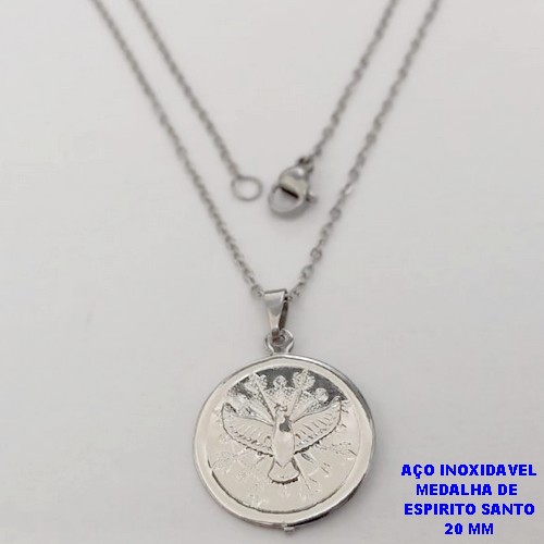CORRENTE EM AÇO INOXIDAVEL(AÇO34)(CX189) DE 50CM COM FECHO LAGOSTA (LARGURA 1,5MM) PINGENTE DE 20MM (MEDALHA DO ESPIRITO SANTO DUPLA) AÇO25068