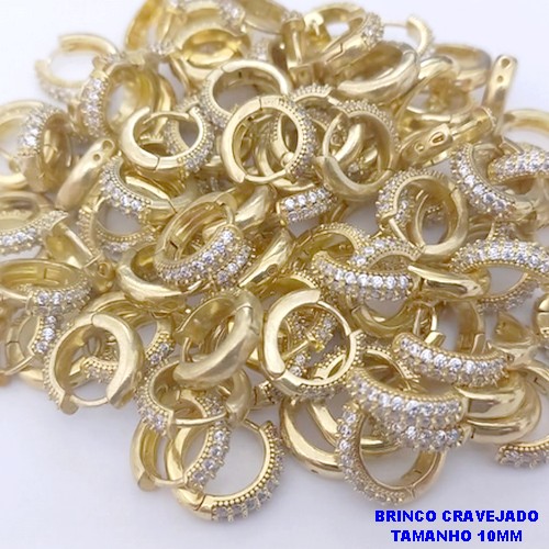 BRINCO NO BRUTO PRONTO BANHO (CX190) - BRINCO COM DUAS FILEIRAS EM ZIRCÔNIAS - ARGOLINHA DE PRESSÃO (TRANQUETA) TAMANHO 10MM - PESO TOTAL 1,3GR - BRU26096