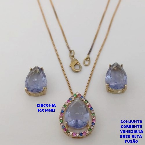 CONJUNTO NO BRUTO PRONTO PARA O BANHO -COM CORRENTE VENEZIANA DE 45CM - PINGENTE E BRINCO COM BASE EM ALTA FUSÃO - ZIRCONIA 10X14MM - PESO 7.6GR - BRU26745