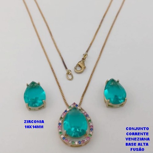 CONJUNTO NO BRUTO PRONTO PARA O BANHO -COM CORRENTE VENEZIANA DE 45CM - PINGENTE E BRINCO COM BASE EM ALTA FUSÃO - ZIRCONIA 10X14MM - PESO 7.6GR - BRU26748