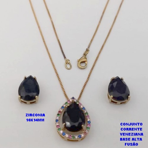 CONJUNTO NO BRUTO PRONTO PARA O BANHO -COM CORRENTE VENEZIANA DE 45CM - PINGENTE E BRINCO COM BASE EM ALTA FUSÃO - ZIRCONIA 10X14MM - PESO 7.6GR - BRU26749