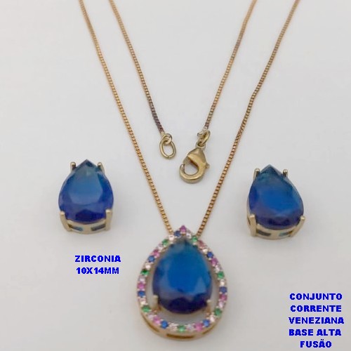 CONJUNTO NO BRUTO PRONTO PARA O BANHO -COM CORRENTE VENEZIANA DE 45CM - PINGENTE E BRINCO COM BASE EM ALTA FUSÃO - ZIRCONIA 10X14MM - PESO 7.6GR - BRU26750