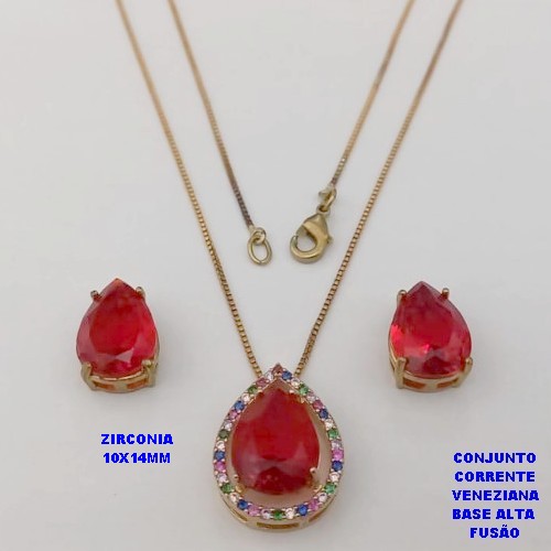 CONJUNTO NO BRUTO PRONTO PARA O BANHO -COM CORRENTE VENEZIANA DE 45CM - PINGENTE E BRINCO COM BASE EM ALTA FUSÃO - ZIRCONIA 10X14MM - PESO 7.6GR - BRU26751