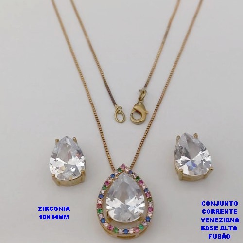 CONJUNTO NO BRUTO PRONTO PARA O BANHO -COM CORRENTE VENEZIANA DE 45CM - PINGENTE E BRINCO COM BASE EM ALTA FUSÃO - ZIRCONIA 10X14MM - PESO 7.6GR - BRU26752
