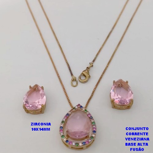 CONJUNTO NO BRUTO PRONTO PARA O BANHO -COM CORRENTE VENEZIANA DE 45CM - PINGENTE E BRINCO COM BASE EM ALTA FUSÃO - ZIRCONIA 10X14MM - PESO 7.6GR - BRU26753