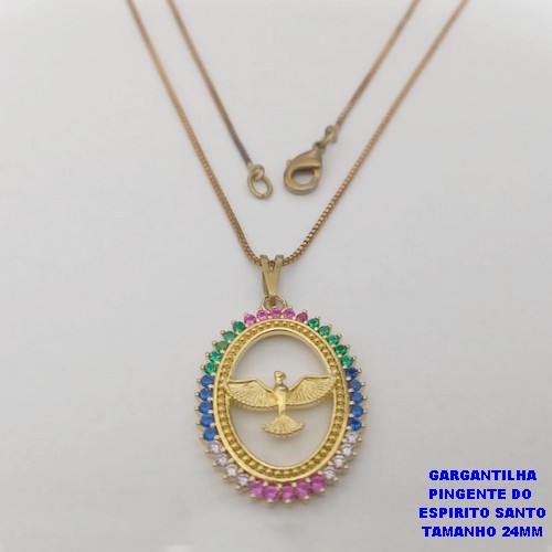 GARGANTILHA NO BRUTO PRONTO BANHO (CX190) - COM CORRENTE VENEZIANA DE 45CM E PINGENTE DO ESPIRITO SANTO CRAVEJADO EM MICRO ZIRCONIAS COLORIDAS- PESO TOTAL 4.3GR - BRU26757