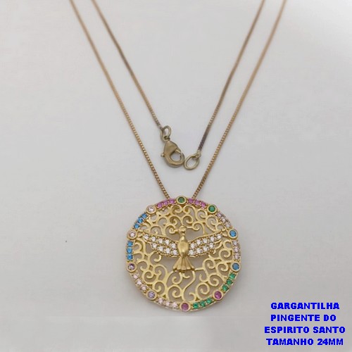 GARGANTILHA NO BRUTO PRONTO BANHO (CX190) - COM CORRENTE VENEZIANA DE 45CM E PINGENTE DO ESPIRITO SANTO CRAVEJADO EM MICRO ZIRCONIAS 25MM- PESO TOTAL 4.9GR - BRU26759