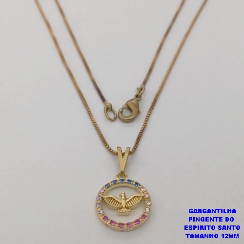 GARGANTILHA NO BRUTO PRONTO BANHO (CX190) - COM CORRENTE VENEZIANA DE 45CM E PINGENTE DO ESPIRITO SANTO CRAVEJADO EM MICRO ZIRCONIAS 12MM- PESO TOTAL 2.9GR - BRU26760
