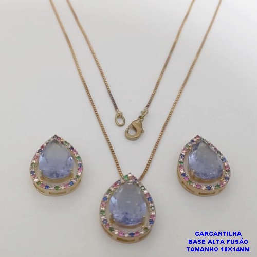 CONJUNTO NO BRUTO PRONTO PARA O BANHO -COM CORRENTE VENEZIANA DE 45CM - PINGENTE E BRINCO COM BASE EM ALTA FUSÃO - ZIRCONIA 10X14MM - PESO 8.7GR - BRU26762