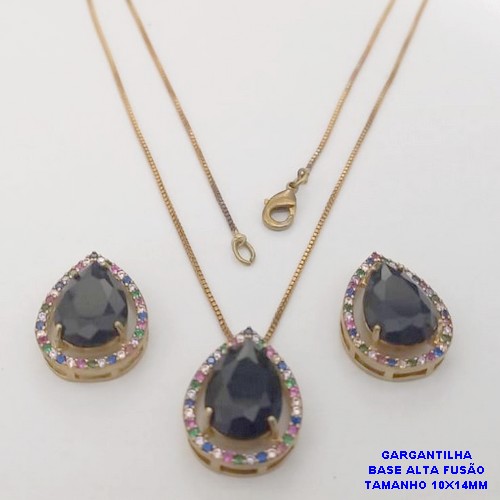 CONJUNTO NO BRUTO PRONTO PARA O BANHO -COM CORRENTE VENEZIANA DE 45CM - PINGENTE E BRINCO COM BASE EM ALTA FUSÃO - ZIRCONIA 10X14MM - PESO 8.7GR - BRU26763