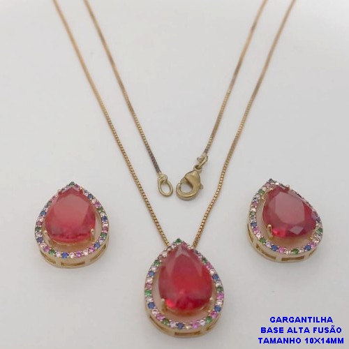 CONJUNTO NO BRUTO PRONTO PARA O BANHO -COM CORRENTE VENEZIANA DE 45CM - PINGENTE E BRINCO COM BASE EM ALTA FUSÃO - ZIRCONIA 10X14MM - PESO 8.7GR - BRU26764