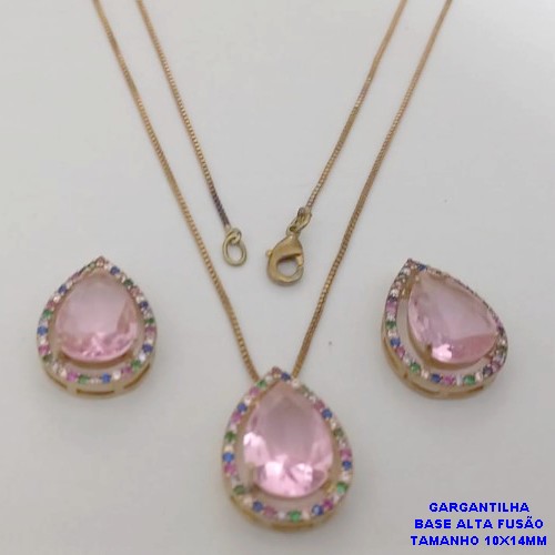 CONJUNTO NO BRUTO PRONTO PARA O BANHO -COM CORRENTE VENEZIANA DE 45CM - PINGENTE E BRINCO COM BASE EM ALTA FUSÃO - ZIRCONIA 10X14MM - PESO 8.7GR - BRU26766