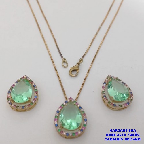 CONJUNTO NO BRUTO PRONTO PARA O BANHO -COM CORRENTE VENEZIANA DE 45CM - PINGENTE E BRINCO COM BASE EM ALTA FUSÃO - ZIRCONIA 10X14MM - PESO 8.7GR - BRU26767