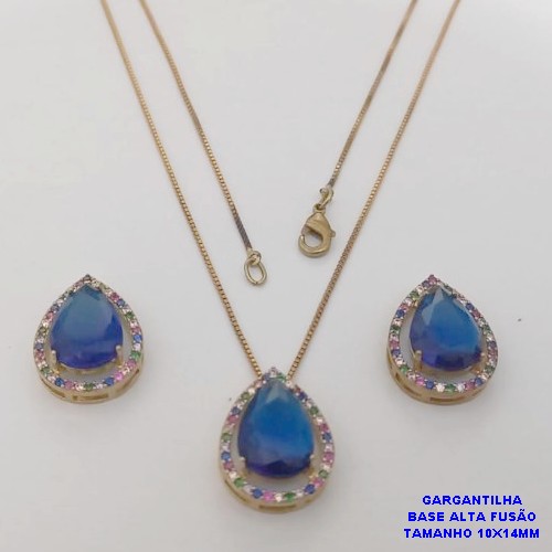 CONJUNTO NO BRUTO PRONTO PARA O BANHO -COM CORRENTE VENEZIANA DE 45CM - PINGENTE E BRINCO COM BASE EM ALTA FUSÃO - ZIRCONIA 10X14MM - PESO 8.7GR - BRU26768
