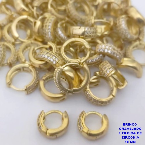 BRINCO NO BRUTO PRONTO PARA O BANHO(CX191) BRINCO ARGOLINHA DE PRESSÃO(COM TREIS FILEIRA DE MICRO ZIRCONIAS )TAMANHO 10MM - PESO 1.7GR - BRU26769