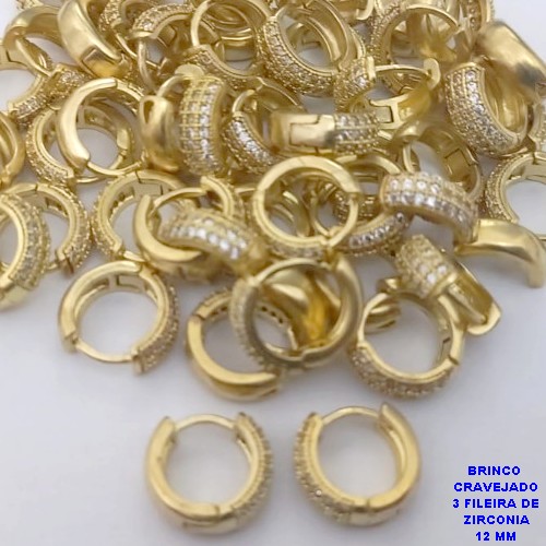 BRINCO NO BRUTO PRONTO PARA O BANHO(CX191) BRINCO ARGOLINHA DE PRESSÃO(COM TREIS FILEIRA DE MICRO ZIRCONIAS )TAMANHO 12MM - PESO 2.1GR - BRU26770