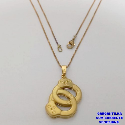 GARGANTILHA NO BRUTO PRONTO PARA O BANHO(CX191) -COM CORRENTE VENEZIANA DE 45CM -Algema Dupla Vaz 25mm (455)- PESO 4.4GR - BRU26784