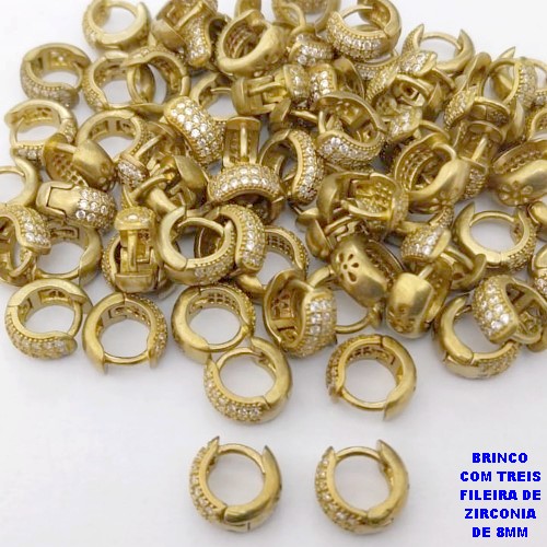 BRINCO NO BRUTO PRONTO PARA O BANHO(CX192) - BRINCO DE ARGOLINHA DE PRESSÃO(TRANQUETA)COM TREIS FILEIRA DE ZIRCONIA -"(TAMANHO 8MM)" PESO 1.3GR- BRU26823