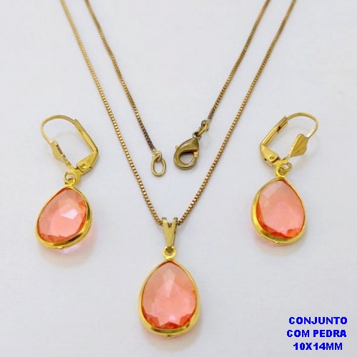 CONJUNTO NO BRUTO PRONTO PARA O BANHO(CX192)CONJUNTO COM CORRENTE VENEZIANA DE 45CM - PINGENTE E BRINCO COM PEDRA( GOTA 10X14MM )PESO 4.5GR- BRU26828