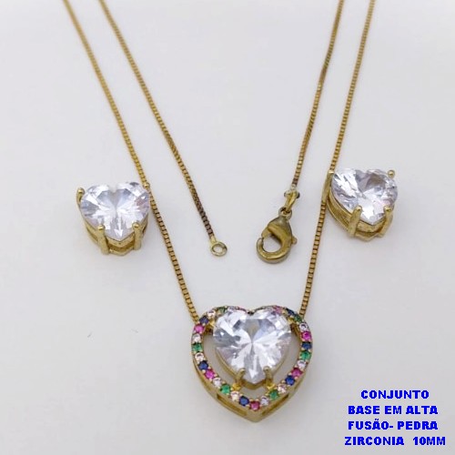 CONJUNTO NO BRUTO PRONTO PARA O BANHO(CX192)CONJUNTO COM CORRENTE VENEZIANA DE 45CM - PINGENTE CRAVEJADO EM MICRO ZIRCONIAS E BRINCO COM ZIRCONIA CORAÇÃO DE 10MM )PESO 7.5GR- BRU26837