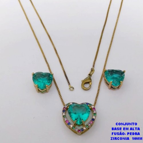 CONJUNTO NO BRUTO PRONTO PARA O BANHO(CX192)CONJUNTO COM CORRENTE VENEZIANA DE 45CM - PINGENTE CRAVEJADO EM MICRO ZIRCONIAS E BRINCO COM ZIRCONIA CORAÇÃO DE 10MM )PESO 7.5GR- BRU26838