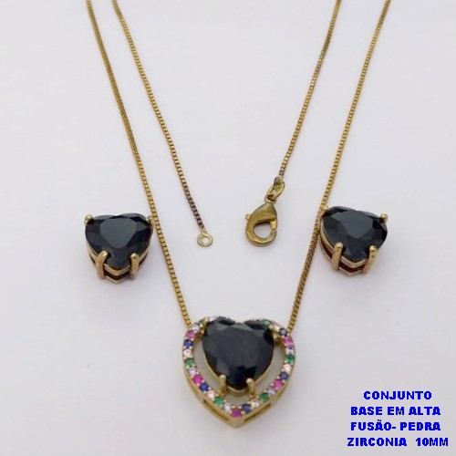 CONJUNTO NO BRUTO PRONTO PARA O BANHO(CX192)CONJUNTO COM CORRENTE VENEZIANA DE 45CM - PINGENTE CRAVEJADO EM MICRO ZIRCONIAS E BRINCO COM ZIRCONIA CORAÇÃO DE 10MM )PESO 7.5GR- BRU26839