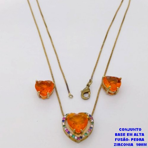 CONJUNTO NO BRUTO PRONTO PARA O BANHO-CONJUNTO COM CORRENTE VENEZIANA DE 45CM - PINGENTE CRAVEJADO EM MICRO ZIRCONIAS E BRINCO COM ZIRCONIA CORAÇÃO DE 10MM )PESO 7.5GR- BRU26840