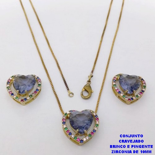 CONJUNTO NO BRUTO PRONTO PARA O BANHO-CONJUNTO COM CORRENTE VENEZIANA DE 45CM - PINGENTE E BRINCO CRAVEJADO EM MICRO ZIRCONIAS - CORAÇÃO DE 10MM )PESO 7.5GR- BRU26842