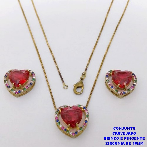 CONJUNTO NO BRUTO PRONTO PARA O BANHO-CONJUNTO COM CORRENTE VENEZIANA DE 45CM - PINGENTE E BRINCO CRAVEJADO EM MICRO ZIRCONIAS - CORAÇÃO DE 10MM )PESO 7.5GR- BRU26843